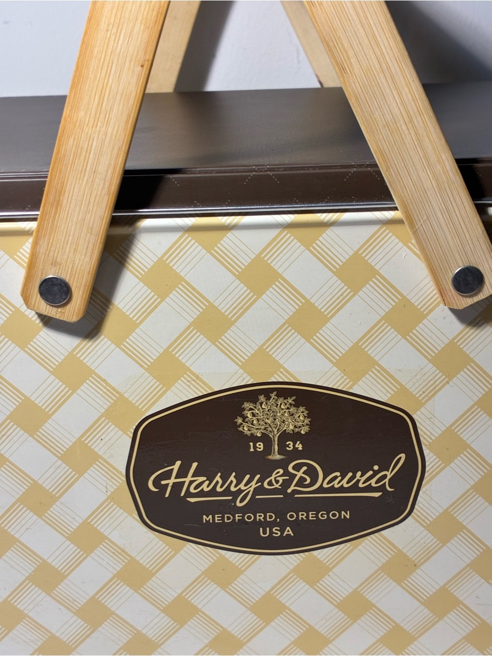 Harry & David Picnic Basket Tin w/ Wood Handles | Yellow Woven Storage Box - Picture 4 of 10